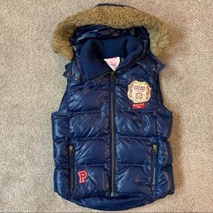 Victoria's Secret PINK Shiny BLUE Hooded PUFFER Campus VEST w Fur trimmed HOOD S
